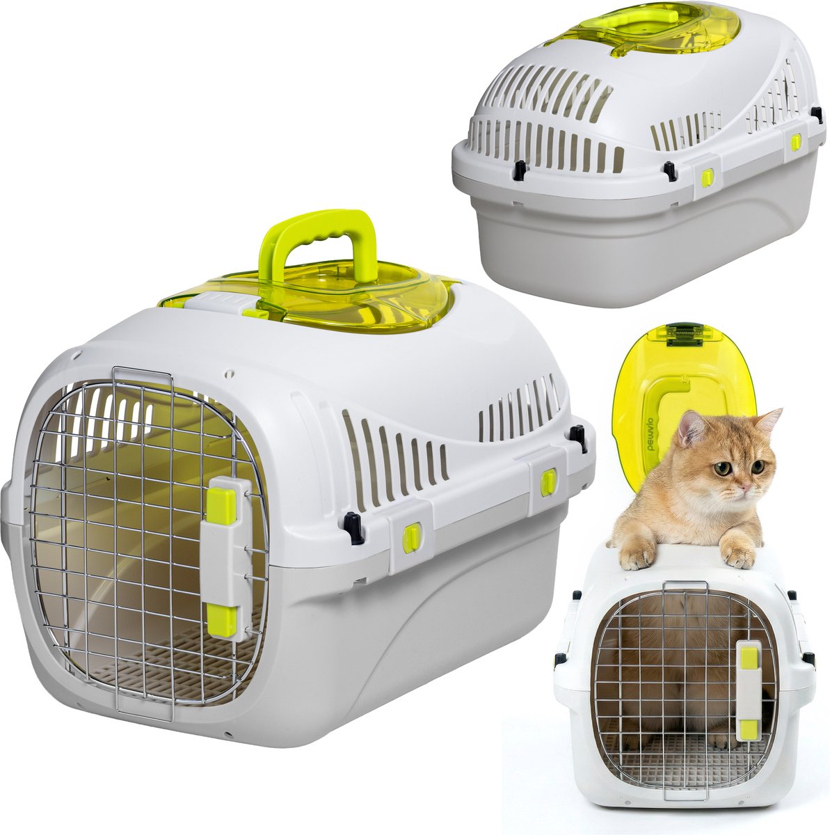 Peluvio Safy cat transport box - travel basket - carrying bag for cats up to 5 kg - lightweight foldable - sturdy PP housing metal door - good ventilation - removable grid water and food bowl - safe and comfortable on the road
