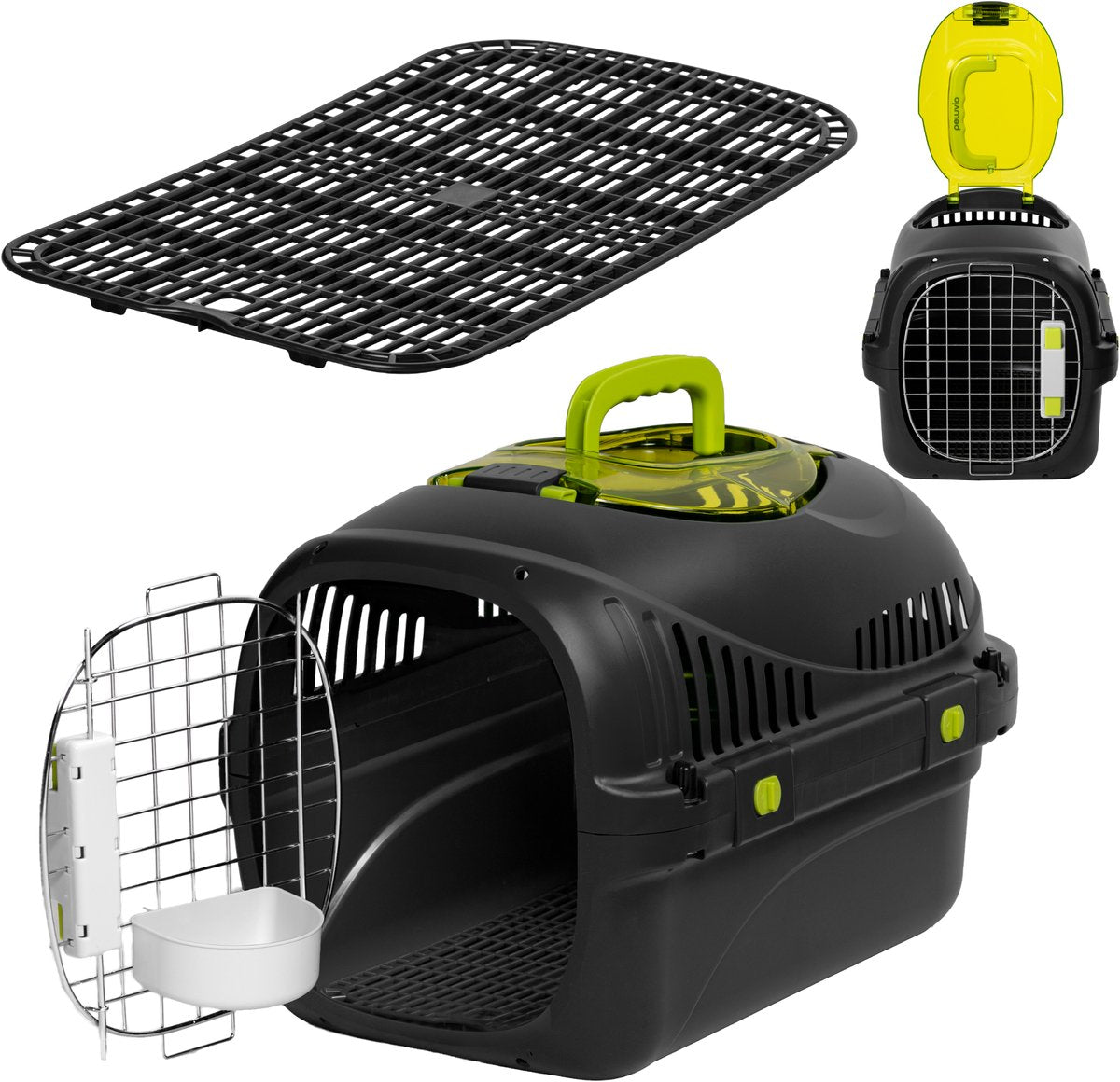 Peluvio Safy cat transport box - travel basket - carrying bag for cats up to 5 kg - lightweight foldable - sturdy PP housing metal door - good ventilation - removable grid water and food bowl - safe and comfortable on the road