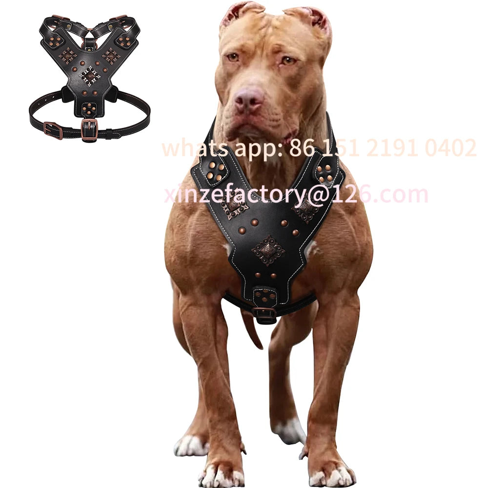 Customizable per cani in vera pelle imbracature per cani di taglia grande durevoli rivettate gilet da addestramento