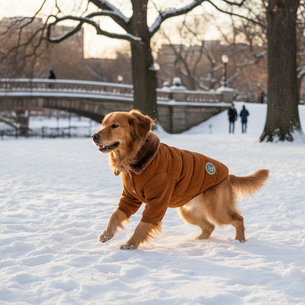 Golden retriever wearing a premium puffer down jacket in a snowy winter park