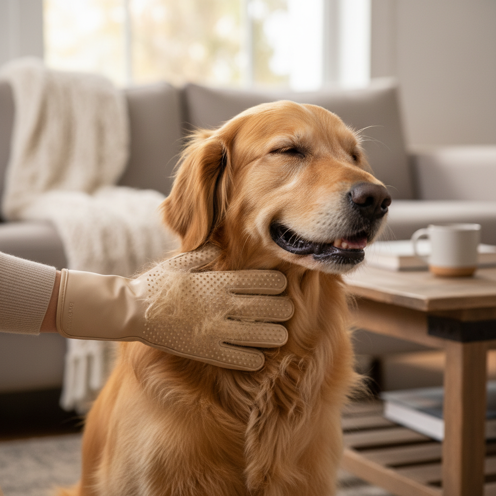 Person wearing a silicone grooming glove gently stroking a happy golden retriever