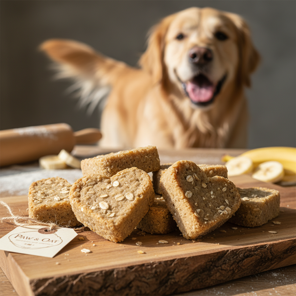 Heart-shaped banana bread dog treats arranged on a rustic wooden board